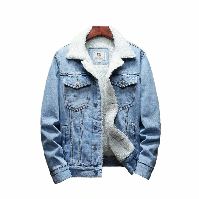 Giacca invernale da uomo streetwear Fi Turn Down collo di pelliccia giacca a vento caldo giacche di jeans capispalla da uomo jeans hip-hop cappotto 43iu #