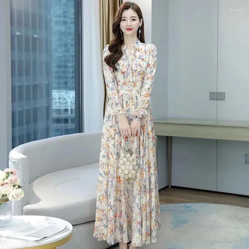 Casual Dresses Jacquard V-neck Ladies Long-sleeved Dress 2024 Spring And Summer Waist Slim Female