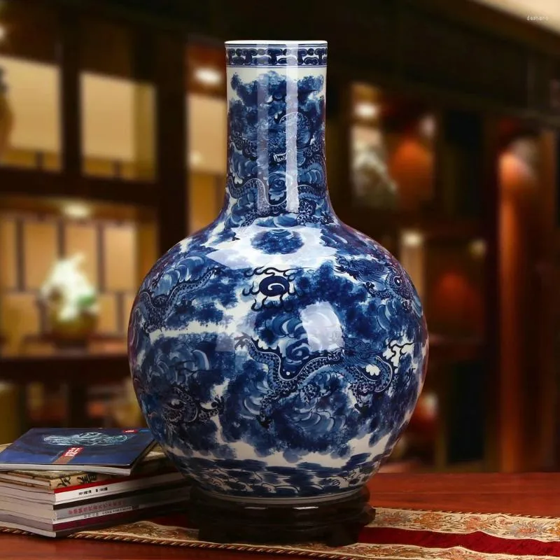 Vasi Ceramica Jingdezhen Drago dipinto a mano di fascia alta Drago Quattro Mari Vaso celeste Arredamento classico cinese Decorazione della casa