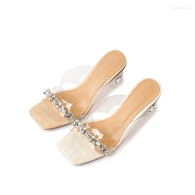 Slippers Pvc Transparent Sandals Square Head Open Toe High Heel Wear Sparkly Crystal Decorative Flip Flops Simple Shoes