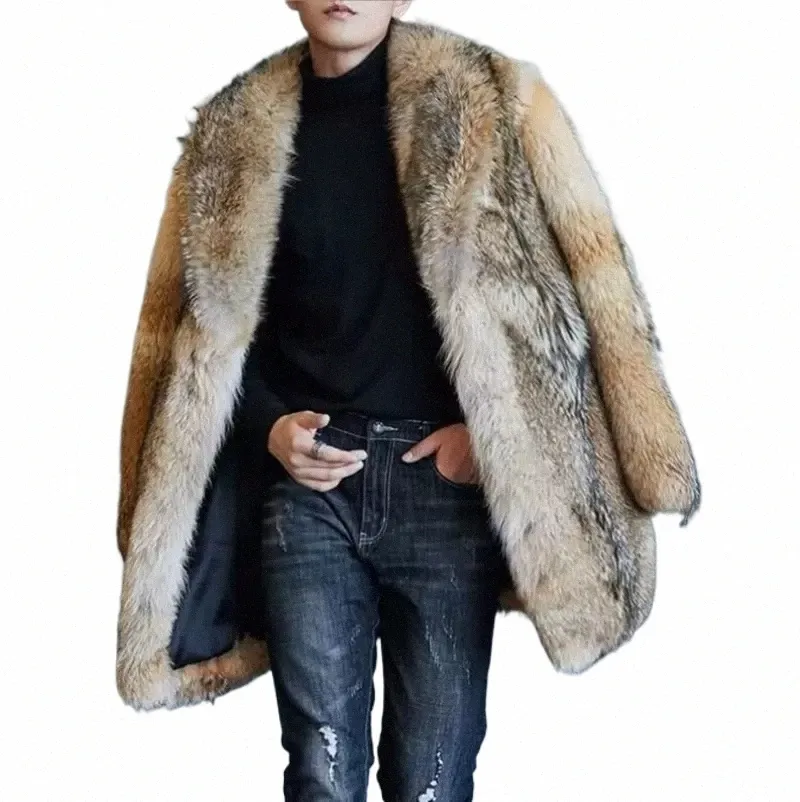 jesień zima High-end-end-Brey Sales Med Meed Medium i LG Wolf Fur Płaszcz futra płaszcz norki Fur Płot Mężczyzn Faux Kurtka Rozmiar S-5xl O9fe#