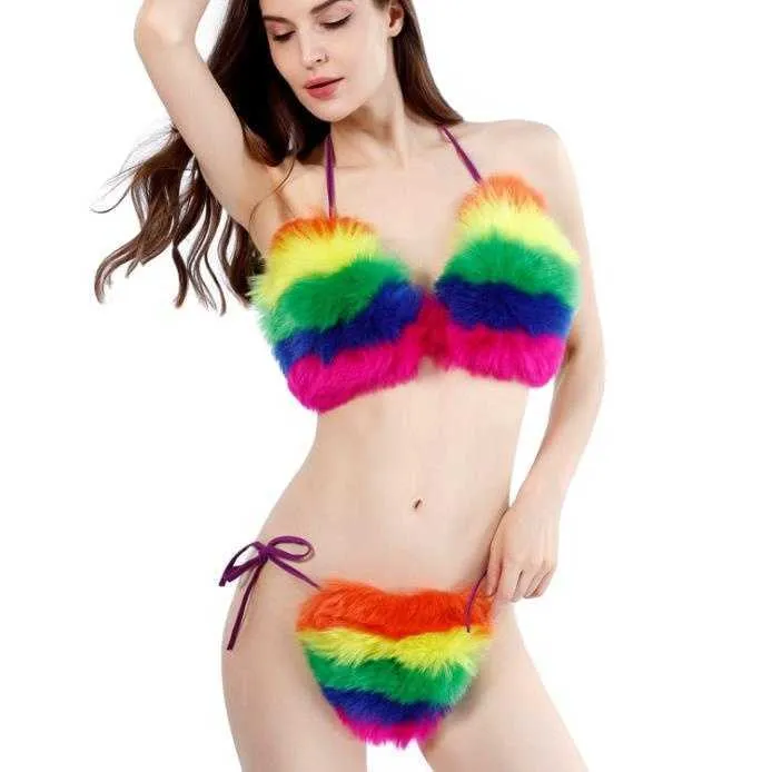 2024 New Fashion Design Fox Fur Bikini Sexy Bra and Panties Hot Fur Brief Sets Underwear Lady Neon Women Real Fox
