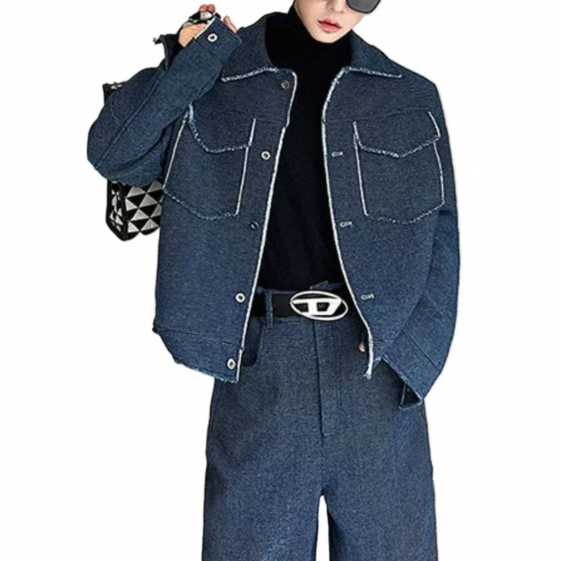 fi Мужские джинсовые куртки Wed Edge с карманами с лацканами LG Пальто с рукавами Повседневная мужская уличная одежда Свободная универсальная укороченная верхняя одежда p9CJ #