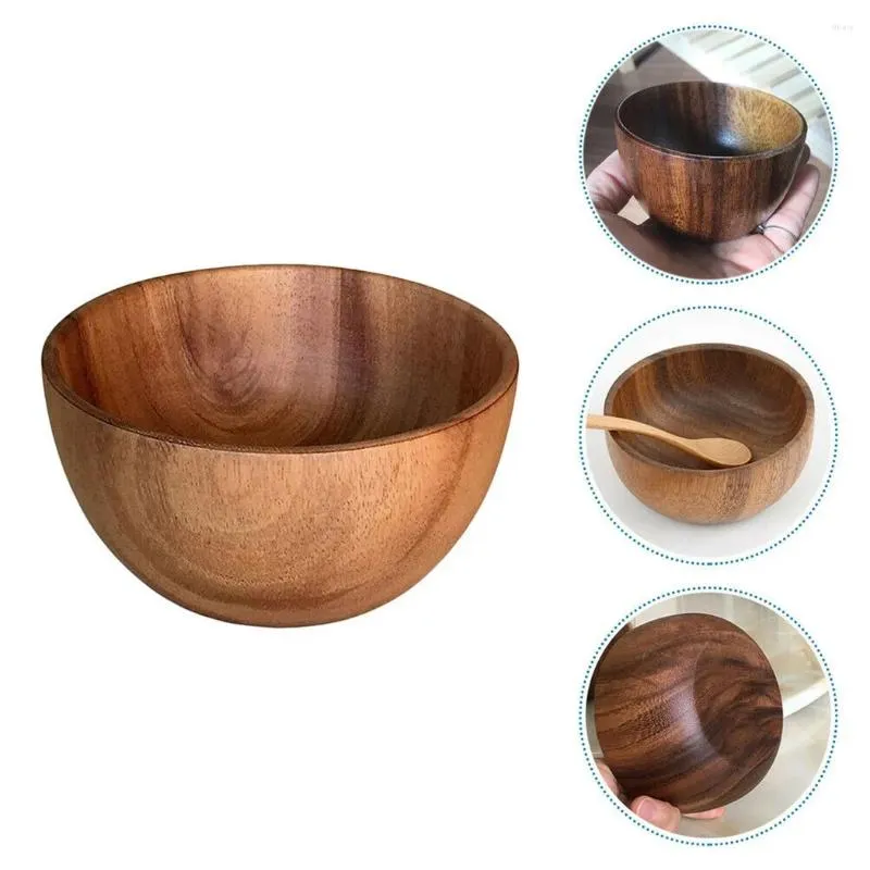 Bowls Wooden Salad Bowl Fruit Rice Cooking Drop Resistant Portable Smooth Household Kitchen Restaurant Tableware