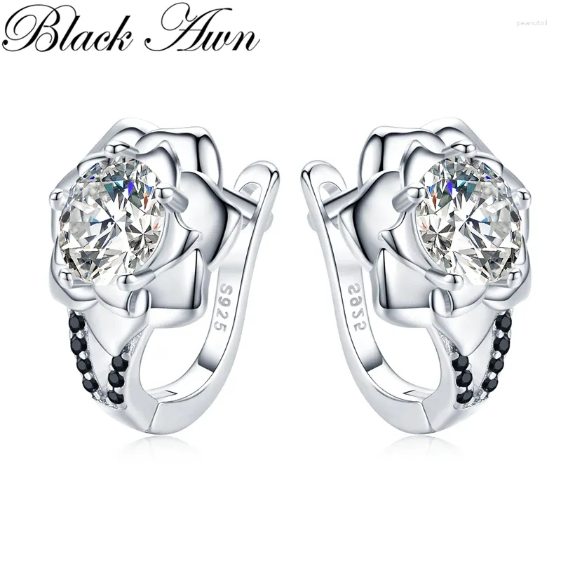 Kolczyki obręczne czarny awn srebrny kolor okrągły spinelowy kwiat zaręczynowy dla kobiet biżuteria bijoux i152