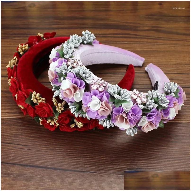 Andra hårsmycken Boho Handgjorda lila röda rosblommor Paddade huvudbonad Crystal Hairbands For Women Tiara Accessories Drop Otuwr