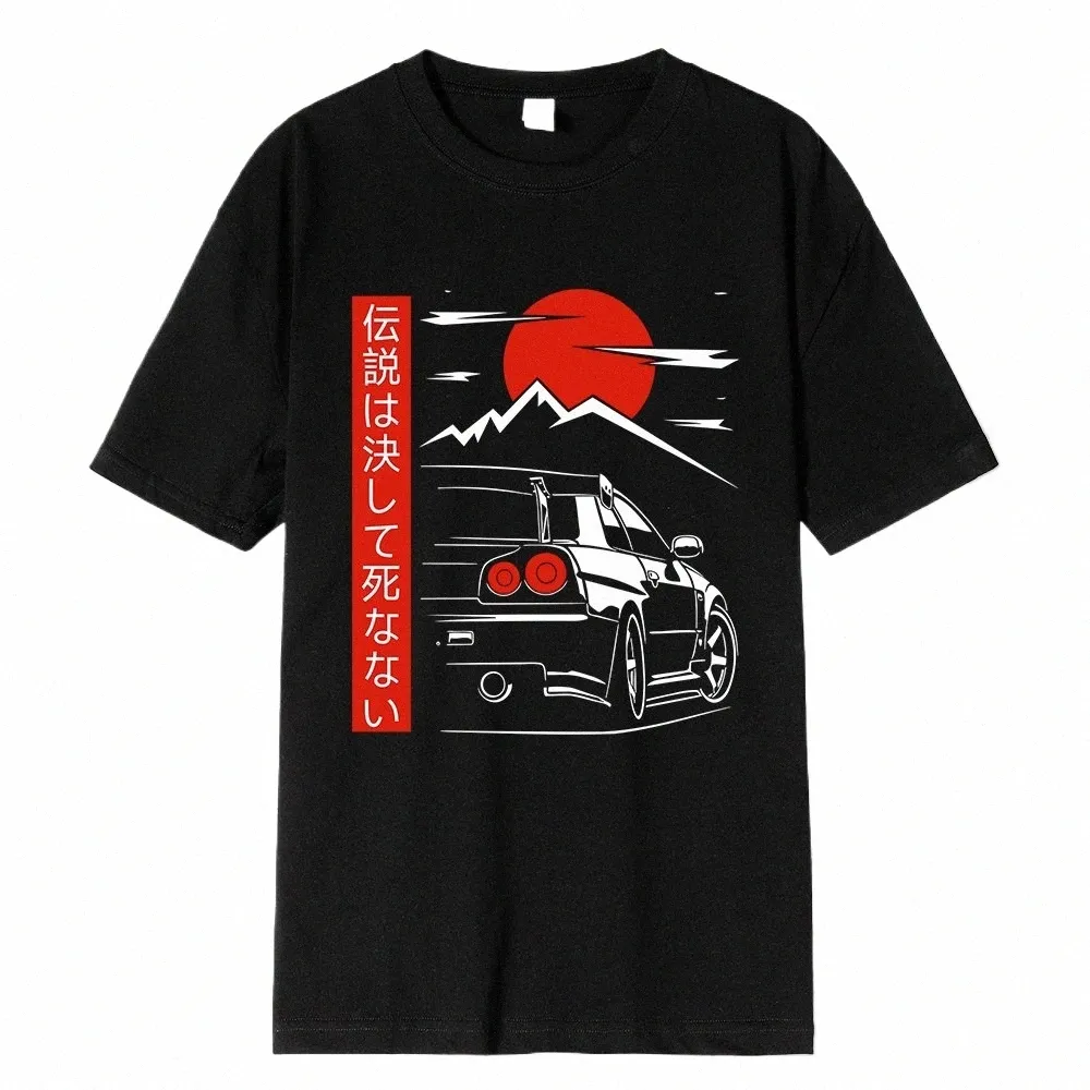 日本スタイルのカー面白いTシャツの男性バックプリントストリートウェアオリジナルデザイン特大100％コットトップティールース通気性ティーA2JV＃