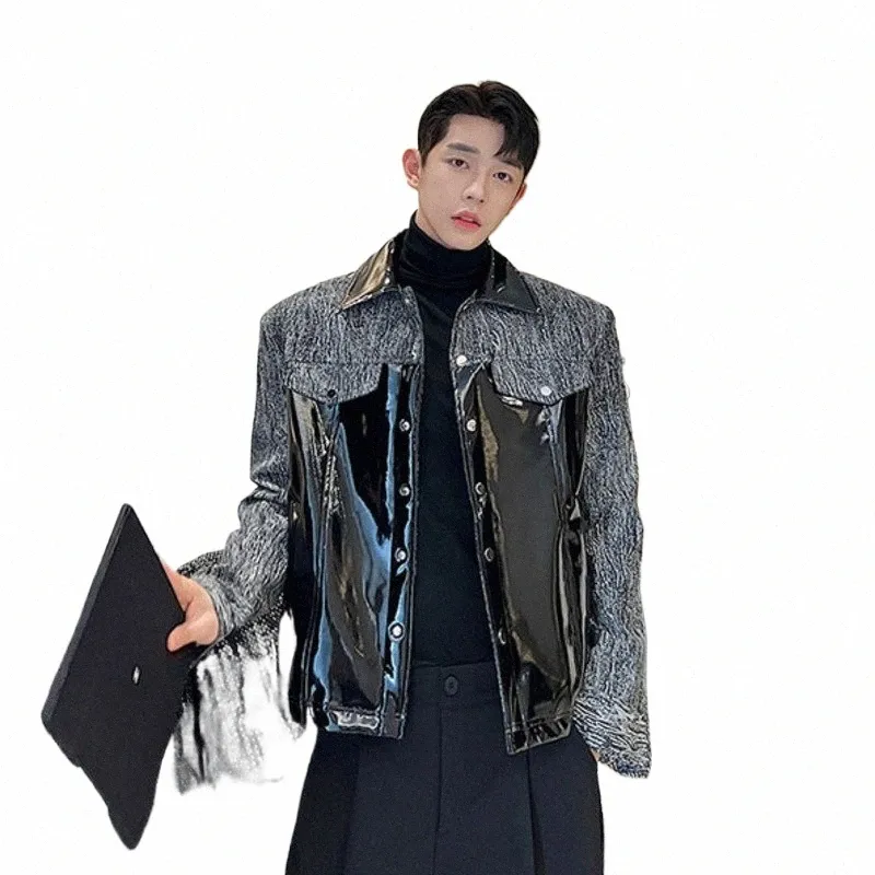 noymei Coat Patchwork Fiable Korean Style PU Leather Denim Grey Black Vintage Autumn New Trendy Men's Jacket WA1929 o3qX#