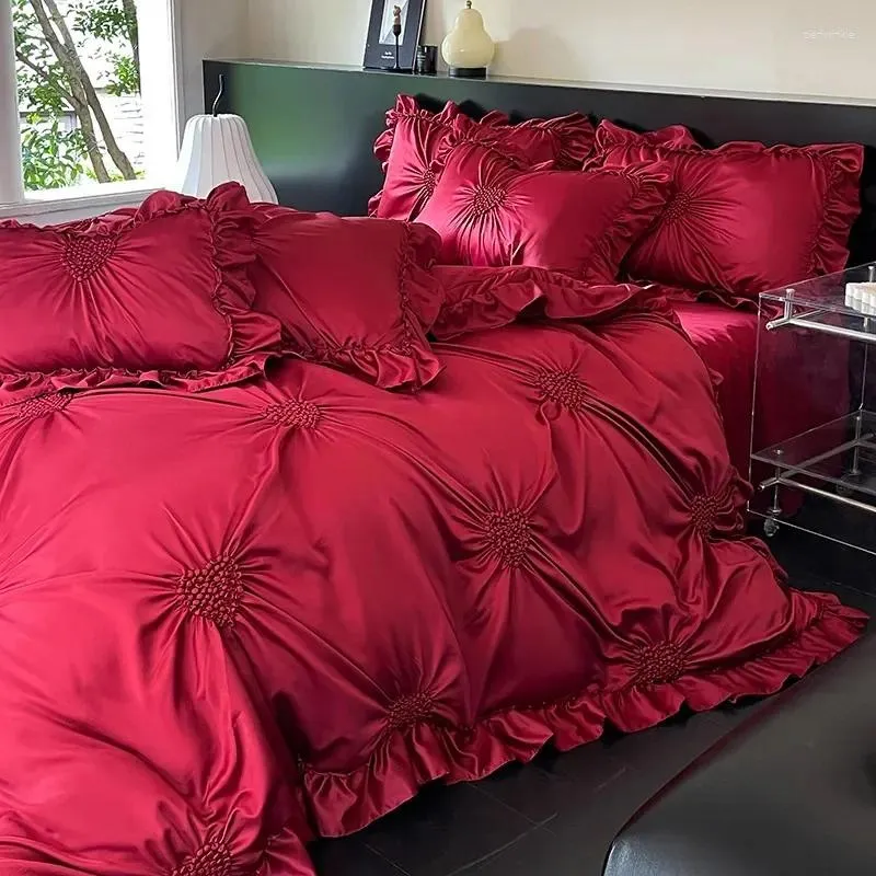 Bedding Sets 1000TC Egyptian Cotton Chic Heart Pinch Pleated Duvet Cover Wine Red Wedding Set Comforter Bed Sheet Pillowcases