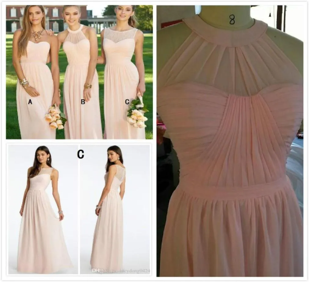 Nuevos estilos mixtos, baratos, largos vestidos de dama de honor de gasa, color rosa claro, estilo convertible, dama de honor junior, fiesta de boda en la playa 6100555