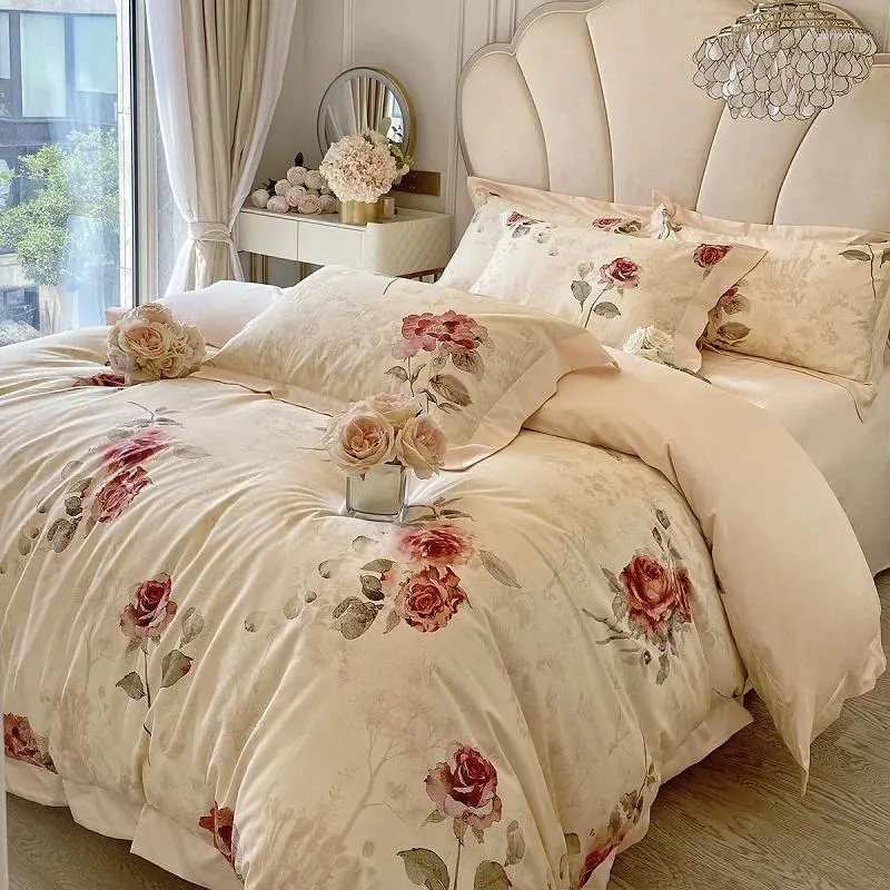 Ensembles de literie français Vintage Rose imprimé 1000TC coton égyptien doux soyeux motif de fleurs housse de couette ensemble draps taies d'oreiller