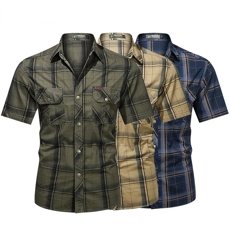 Camisa de lapela masculina xadrez impressão verão manga curta moda militar topos casual streetwear masculino trabalho camisas exército verde S-5XL 240315
