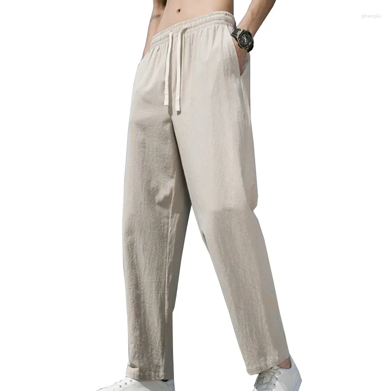 Calças masculinas de algodão linho verão respirável cor sólida tornozelo comprimento calças casuais cintura elástica fitness streetwear