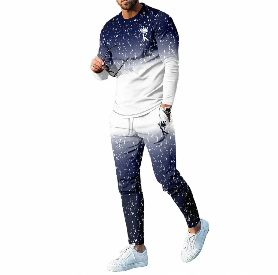 King Pattern 3D Printing New Men's LG Sleeve T-Shirt LG Pants Set Fi Clothing i par med stor tröja Tvådel SE E8WC#