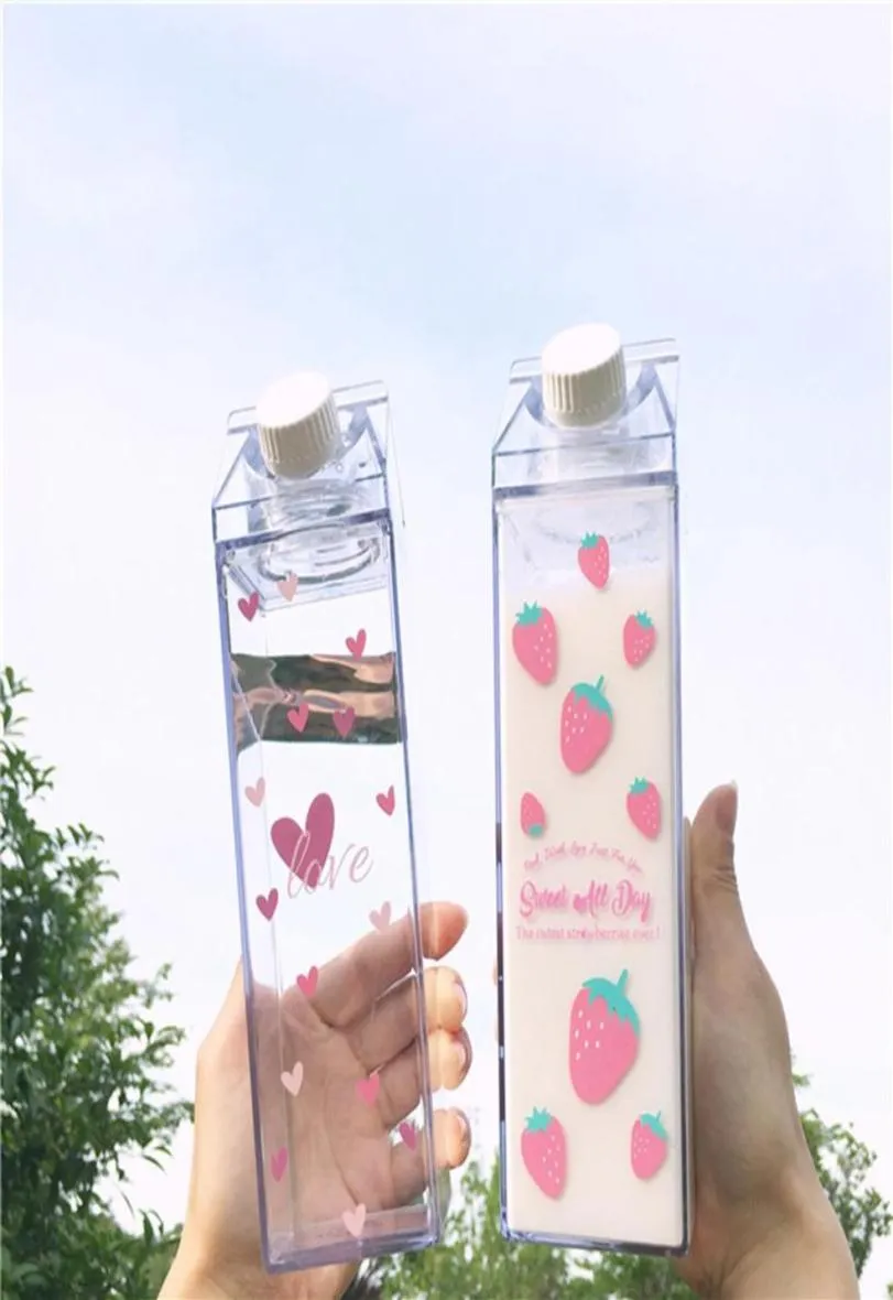 Creative Cute Plastic Clear Milk Carton Water Bottle Fashion Strawberry Transparent Milk Box Juice Water Cup For Girls Kid LJ200918482401