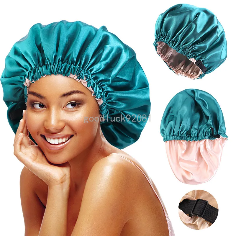 Neue Frauen Satin Motorhaube Doppel Schicht Schlaf Nacht Kappe Seidige Turban Anpassen Abdeckung Hut Für Lockiges, Federndes Haar Styling Zubehör