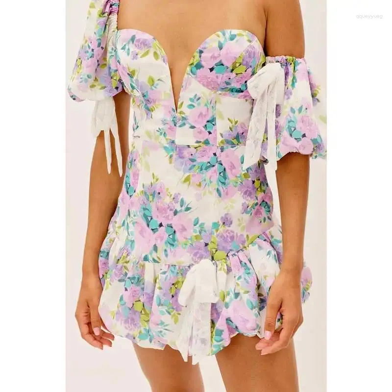 Robes de soirée BOHO INSPIRÉ Manches bouffantes V-fil Avant Robe sexy pour femmes dentelle noeud papillon mignon dames imprimé floral été mini 2024