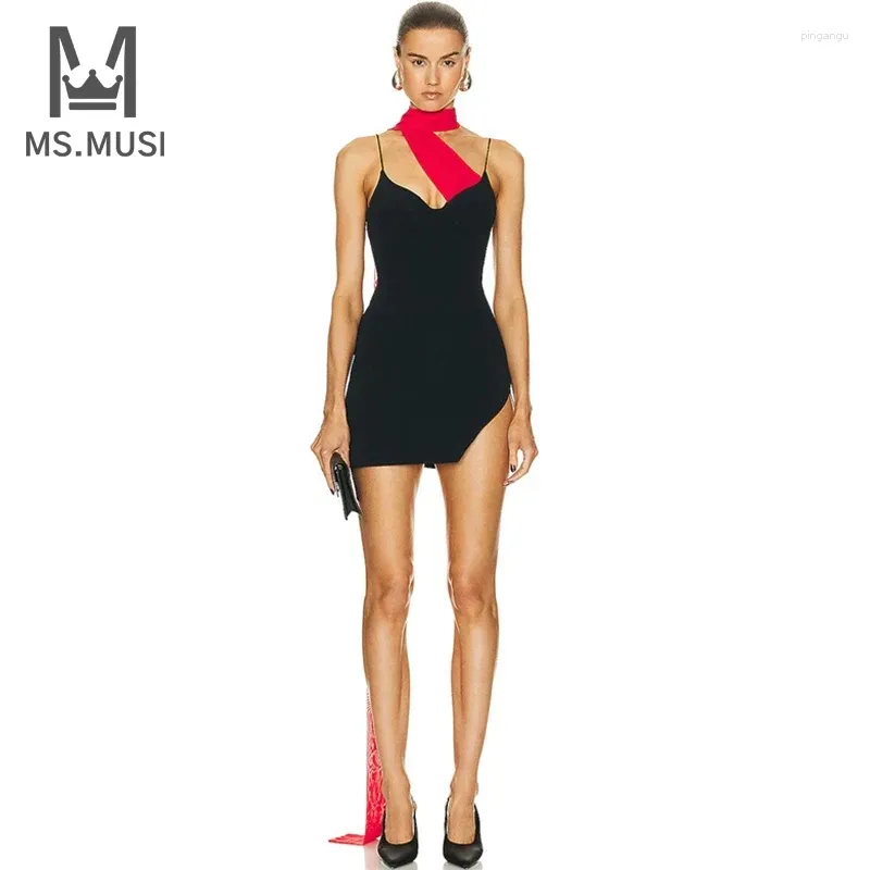 Повседневные платья MSMUSI 2024, модное женское сексуальное лоскутное платье без рукавов с драпировкой и открытой спиной, вечернее клубное облегающее мини-платье с разрезом