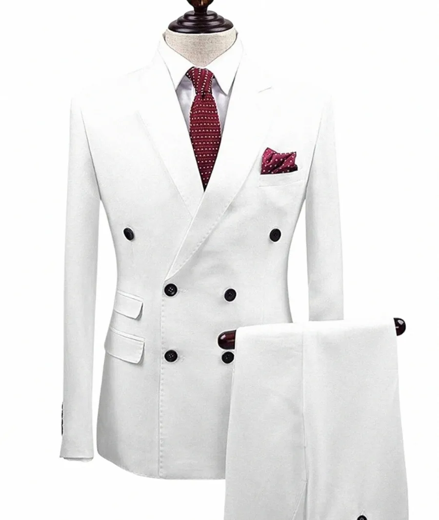 mens Suits Slim Fit 2 Pieces Busin Groom Double-breasted Jacket Tuxedos White Blazer for Wedding Prom EveningBlazer+Pants 896r#