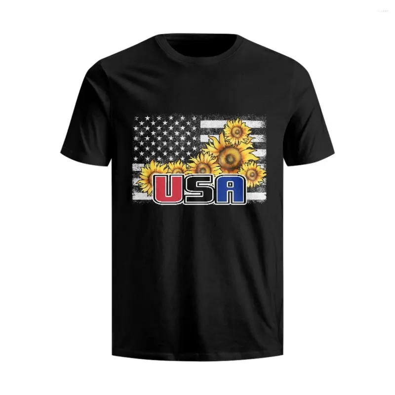 Men's T Shirts Hycool Sunflower USA Flag Shirt Classic Round Neck Short Sleeve Cotton T-shirts For Men Tee Top Fresh Basic Tshirt