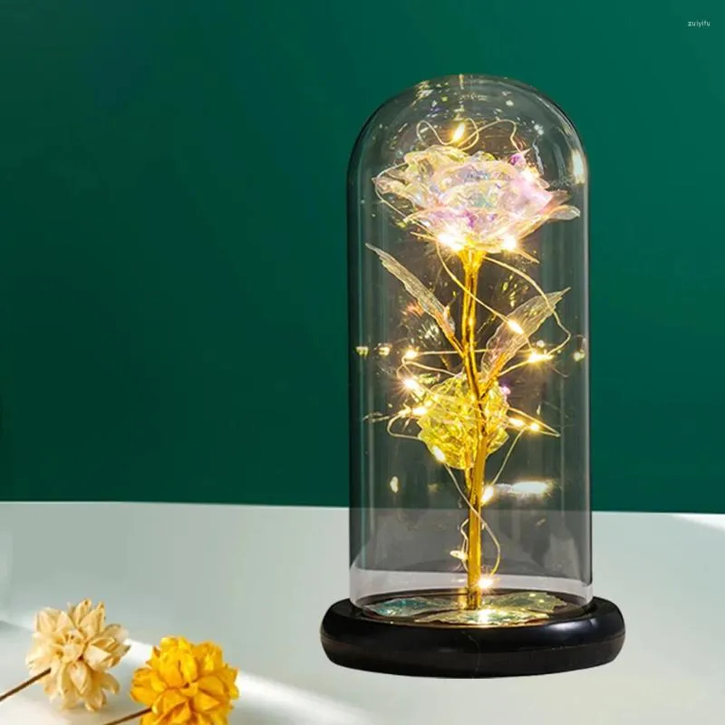 Dekorativa blommor Eternal Rose LED -ljus Batteridriven guldfolieblomma i glas täcker loggartificiell valentin dag Modergåva