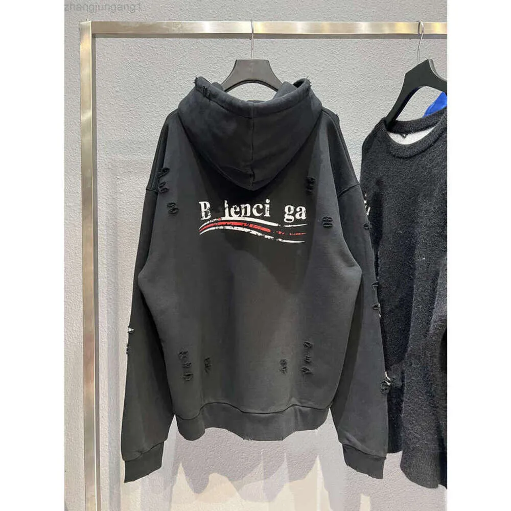 24SS Desginer Balanciaganess Hoodie Baleciaga Erken Sonbahar Yeni B Ailesi Kola Dalga Hasarı Baskı Erkek ve Kadın UNISEX DERRECİ TERRY HOO