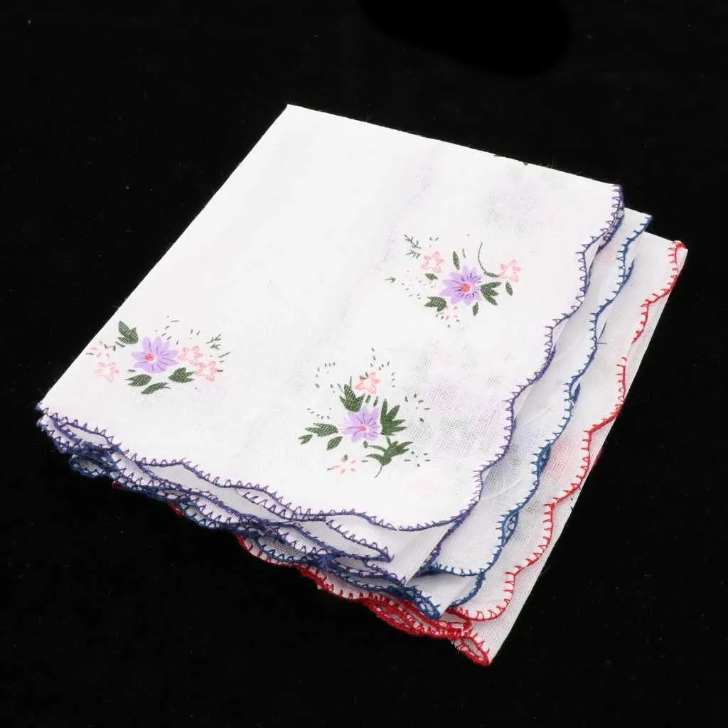 3 Pack Flower Embroidered Handkerchief Women Cotton Square Pocket Hanky Girls Cute Wavy Edge Kerchiefs Hankie