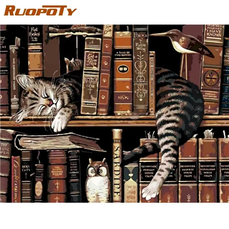 Numéro Ruopoty Cats en bibliothèque Animal DIY PEINTURE D'HUILE PAR NUMÉROS KITS MAINMATE