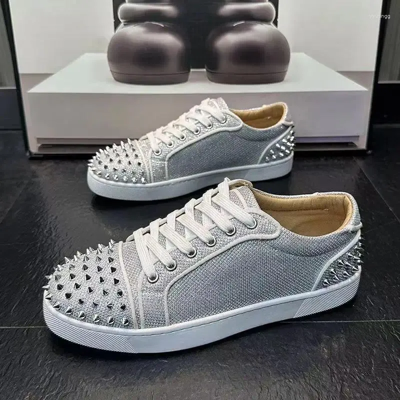 Casual Shoes Men Fashion Stage Nightclub Dress Rivets Lace-up Flats Shoe Black Silver Platform Sneakers Breathable Personality Footwear