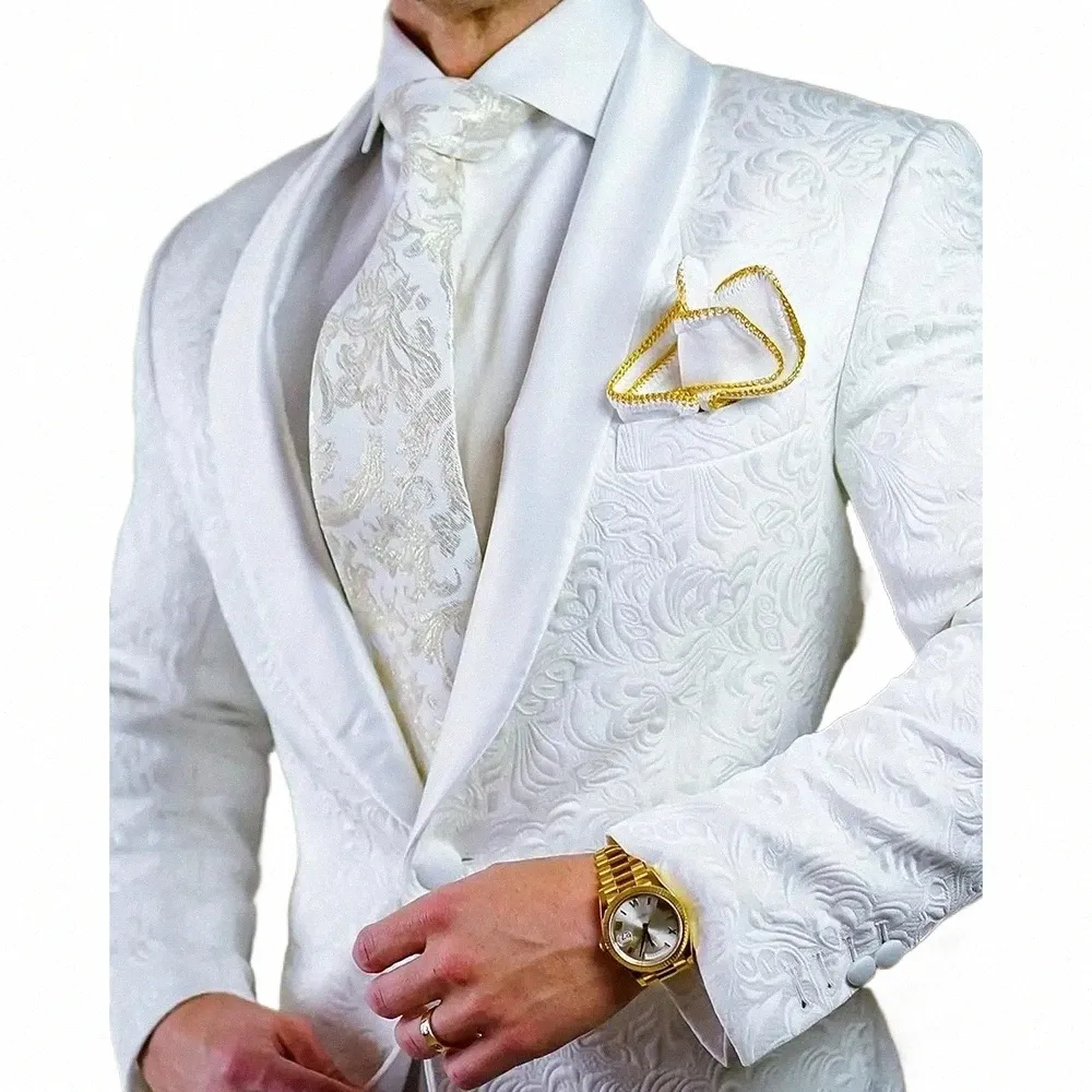 White Jacquard Tyg Wedding Outfits 2 Piece Jacket Pants Slim Fit Shawl Lapel Luxury Full Set High Quality Tenro Costume 2024 Z58R#