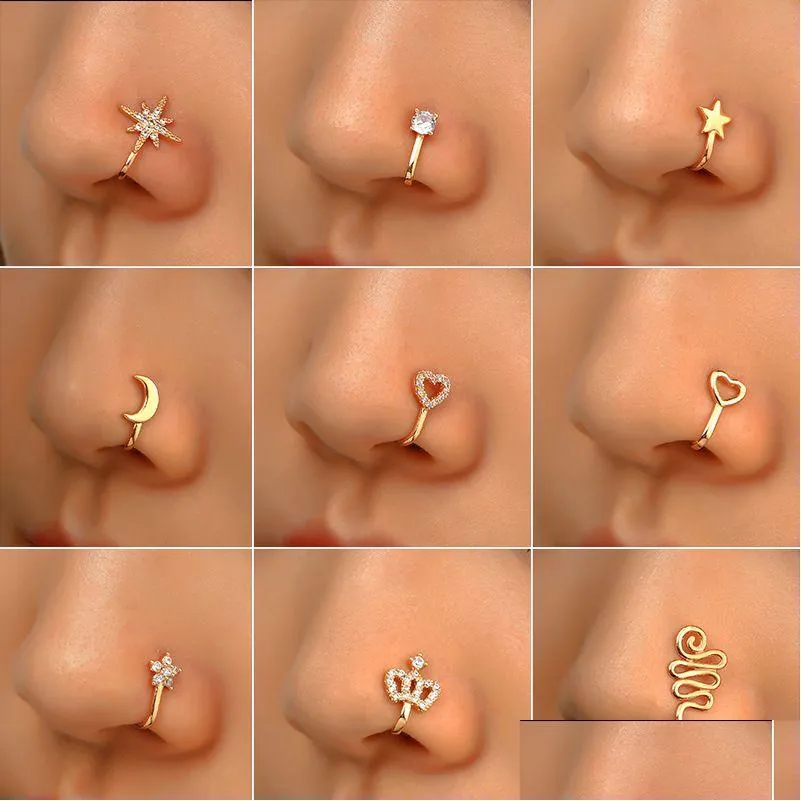 Pierścionki nosowe Stunki moda pierścień urok kryształowy motyl pentagram kobiety fałszywy klip na piercing na ucho biżuterii upuszcza dostawa otanb