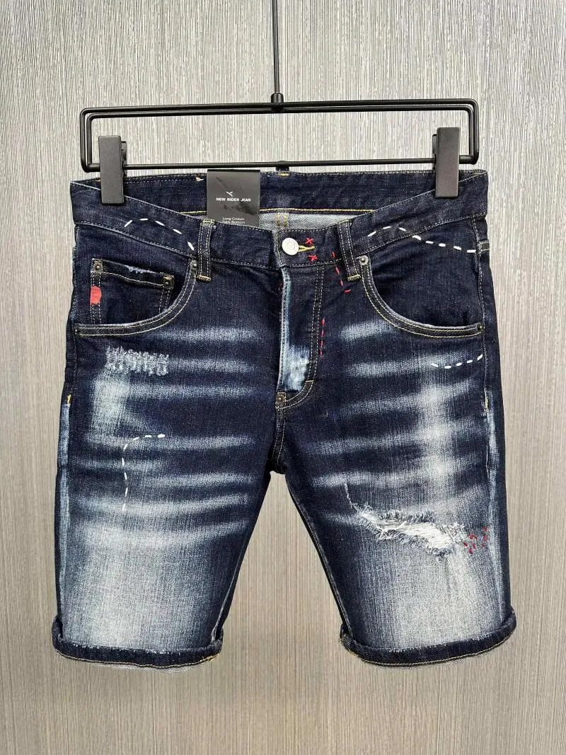 Jeans masculinos homens bordados zero buraco shorts moda estiramento curto 9875-1 #