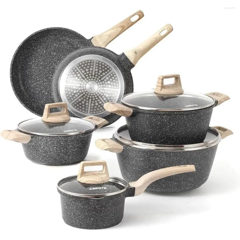 Köksredskap sätter Carote Nonstick Granite 10 PCS Stone Non Stick Freying Pan Set Pots Pans (granitinduktion Köksredskap)