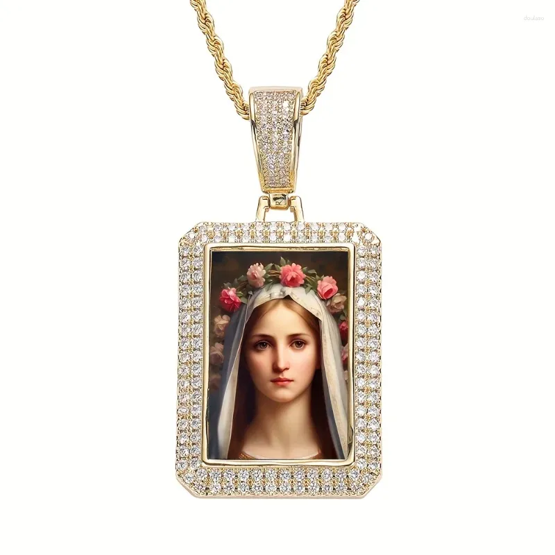 Pendant Necklaces 18K Gold Plated Floral Virgin Square Zircon Necklace Vintage Women Catholicism Christianity Religion Party Jew