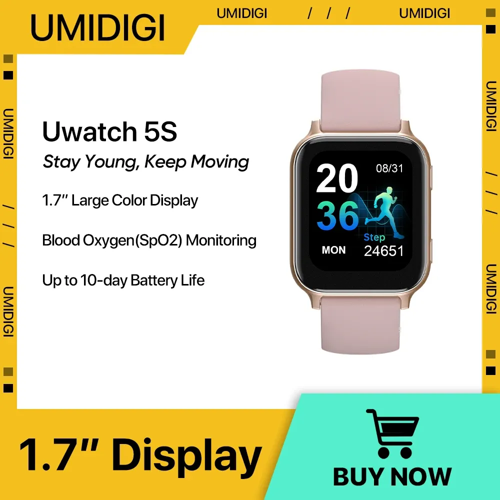 Часы UMIDIGI Uwatch 5S Bluetooth Смарт-часы 1,7 "5ATM Водонепроницаемые SmartWatch Фитнес-монитор сердечного ритма и кислорода в крови для Android iOS