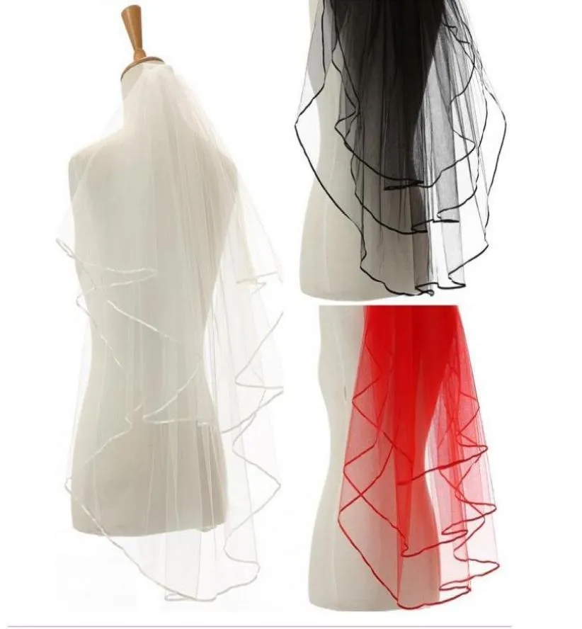 2020 Simple femmes voile de mariage ivoire noir rouge Tulle ruban bord voiles de mariée court blanc ivoire voile pour accessoires de mariage bon 8922553