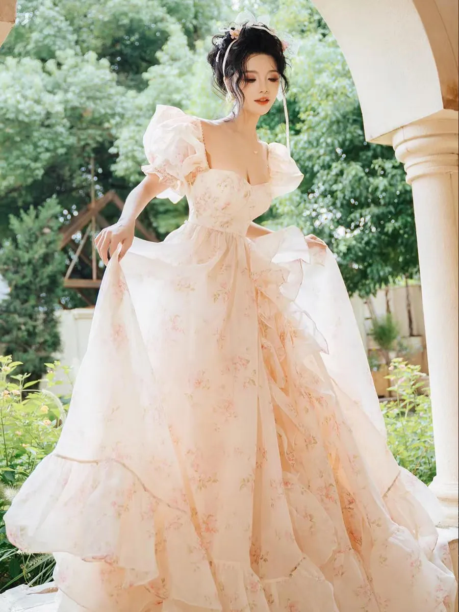 Romantic Floral Printing High Split A-Line Wedding Dresses Sweetheart Short Sleeve Ruffles Bridal Gowns Robe De Mariee