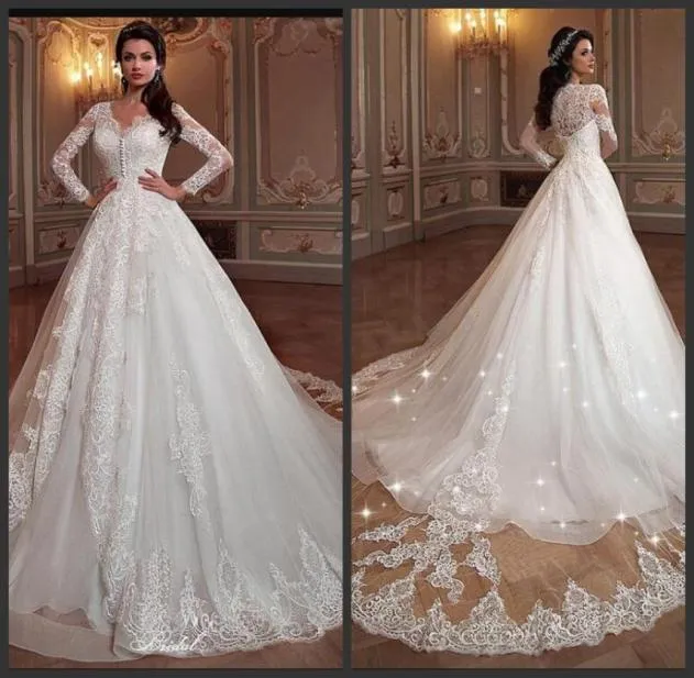 Formelle, elegante Brautkleider, V-Ausschnitt, Kappe, lange Ärmel, Spitzenapplikationen, Brautkleider, Sweep-Zug, formelle Brautkleider 7188502