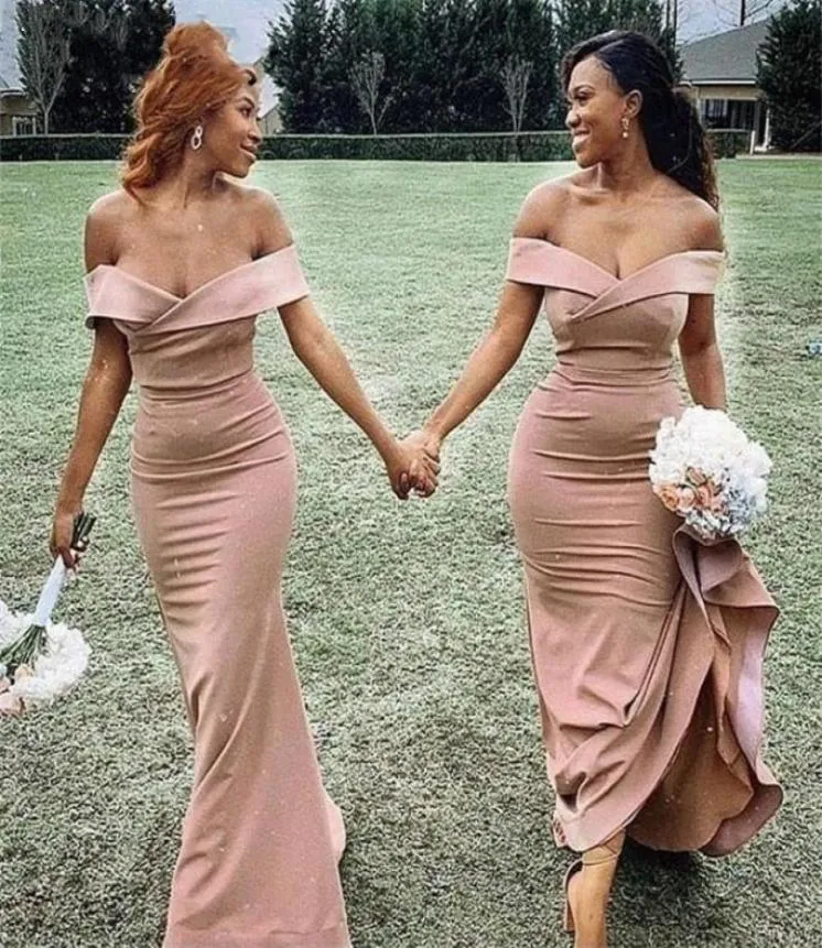 2021 Sexy Blush Pink Mermaid Bridesmaid Dresses Off Shoulder Short Sleeves Beach Ruched Floor Length Maid of Honor Wedding Guest G6011988