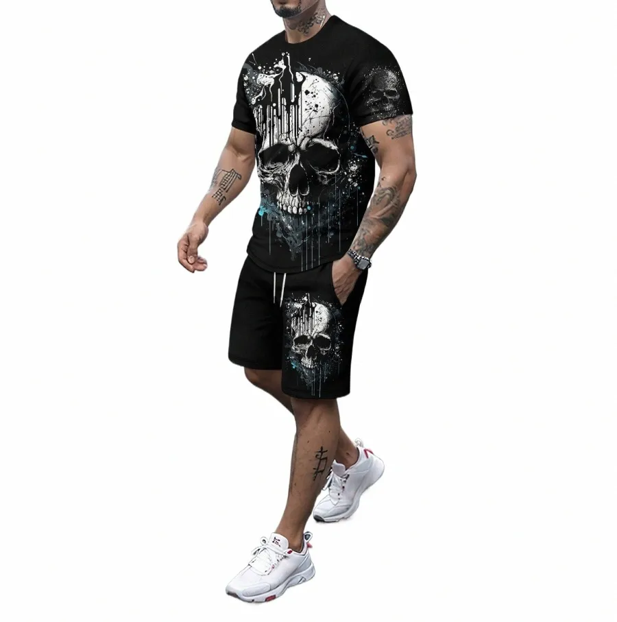 Conjunto de pantalones cortos de manga corta con cuello en O para hombre de verano con estampado de calavera en 3D, conjunto de camiseta informal y fresca, conjunto deportivo 03LV #