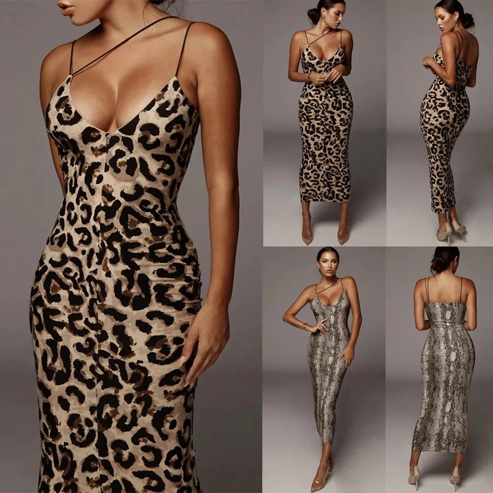 Sexy scollo a V leopardato slim lungo Dres cinturino per spaghetti Backless Strappy Snake Guaina Party Club abito a tubino Abiti 240322