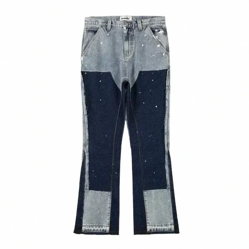 Mit Tinte gespleißte Herrenjeans, Paar mit amerikanischen Fi-Marken gespleißte Jeans, die Street-Fi-Y2K-Schlaghosen bombardieren 99Wd#