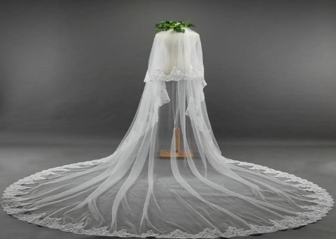 Luxe deux couches longue dentelle bord voile de mariage blanc ivoire cathédrale longueur voiles de mariée avec peigne attaché sur mesure 2154506