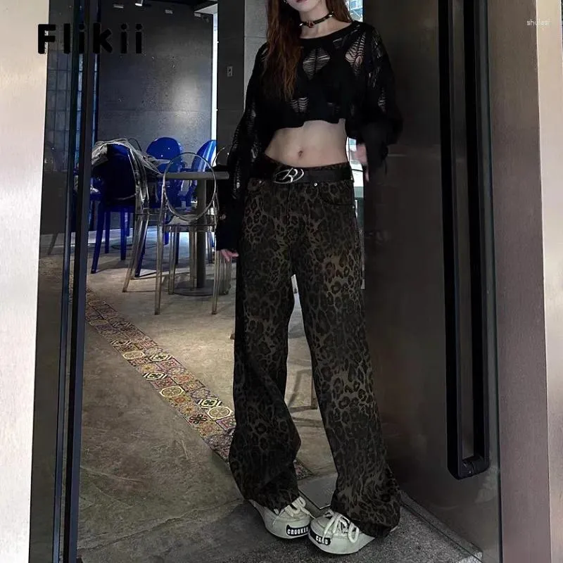 Jeans da donna pantaloni larghi in denim casual a gamba larga retrò Harajuku pantaloni larghi con stampa leopardata estiva 2024