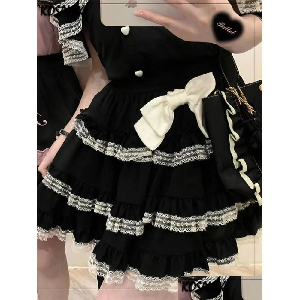 Kjolar japanska kawaii mini tårta kjol kvinnor svart casual elegant lolita y hög midja spets y2k estetiska söta gotiska faldas dropp del ot04g