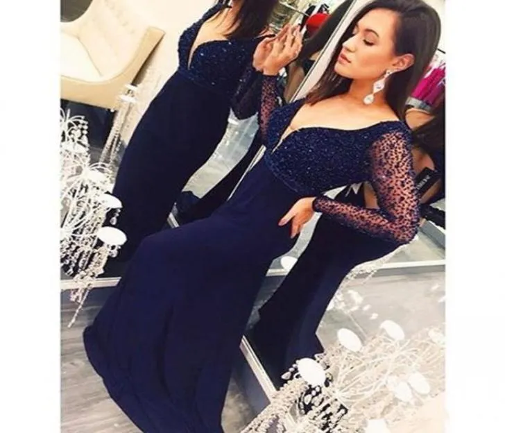 2019 High Quality Crystal Beaded Navy Blue Satin Prom Dresses V Neck Sheer Long Sleeves Mermaid Evening Party Prom Gowns New Arriv7876793