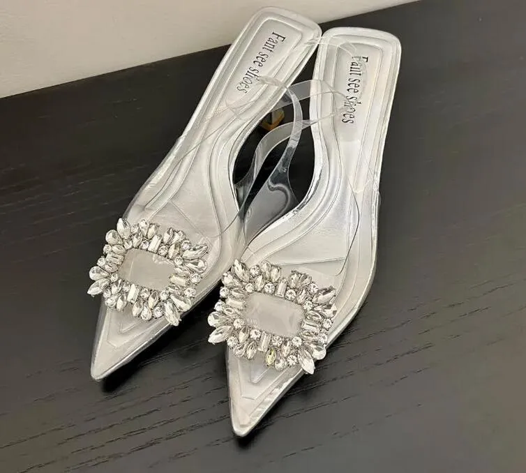 Letnia sukienka na imprezę buty kobiety wysokie obcasy Pvc kryształowy spiczasty palca sandał na wysokich obcasach nowe buty średnie obcasy pompki modne