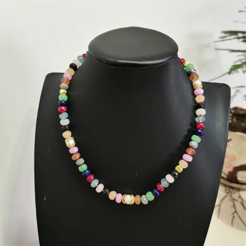 Chaînes Collier noué à la main Design Perle d'eau douce blanche 5x8mm Couleur bonbon Face Jade Mix Chaîne de cou 45cm