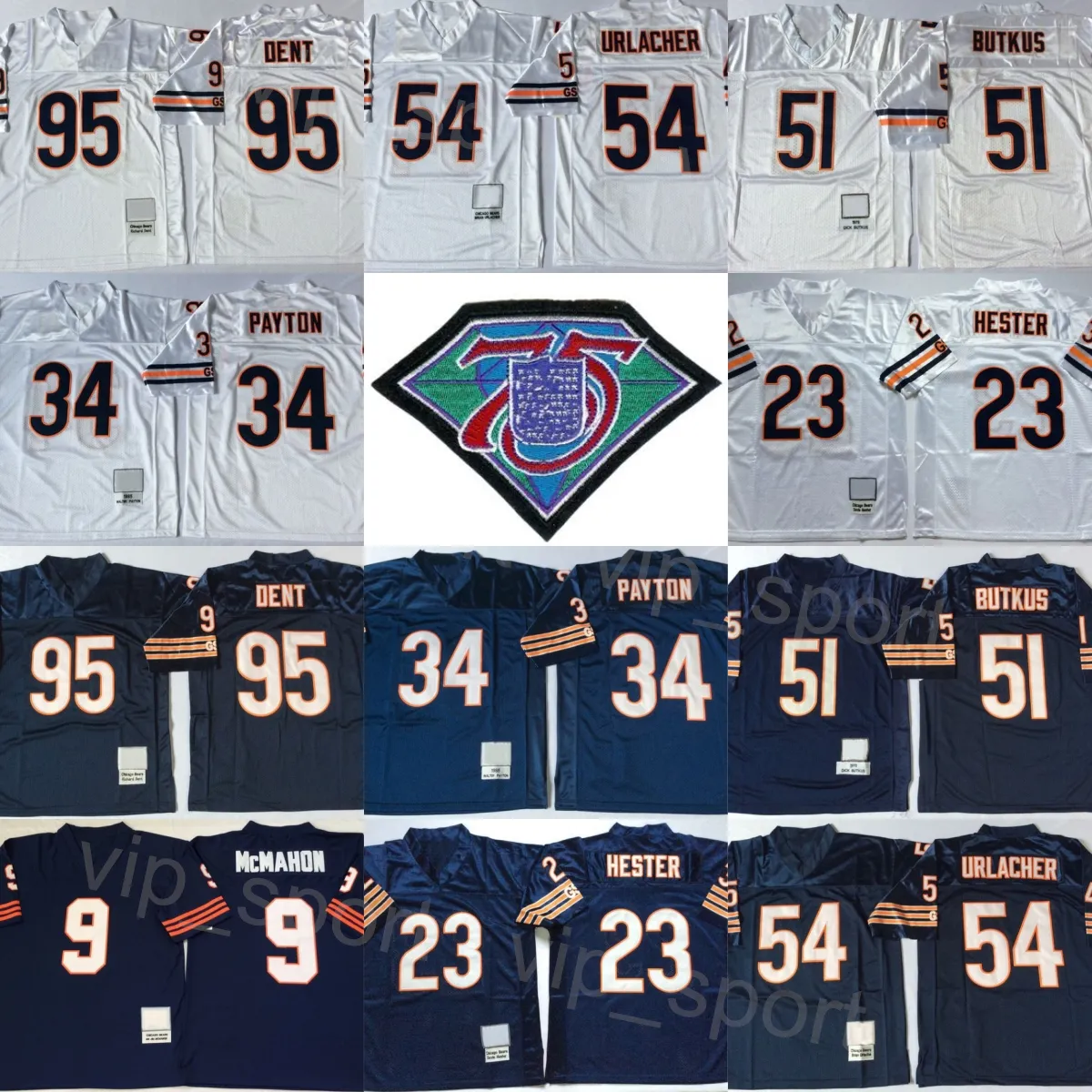 Vintage voetbal 34 Walter Payton Jerseys 51 Dick Butkus 54 Brian Urlacher 95 Richard Dent 9 Jim McMahon 23 Devin Hester 75e verjaardag 1979 1985 Retro Marine Wit