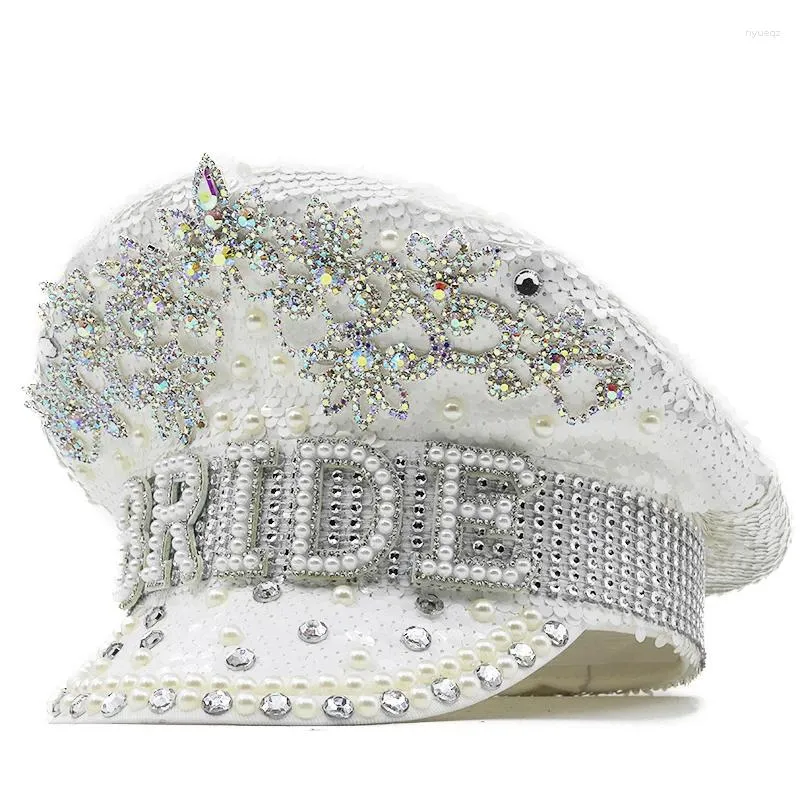 Berets Luxury Women Bride Military Hat Sequin Burning Captain Sergeant Rhinestone Festival Birthday Part